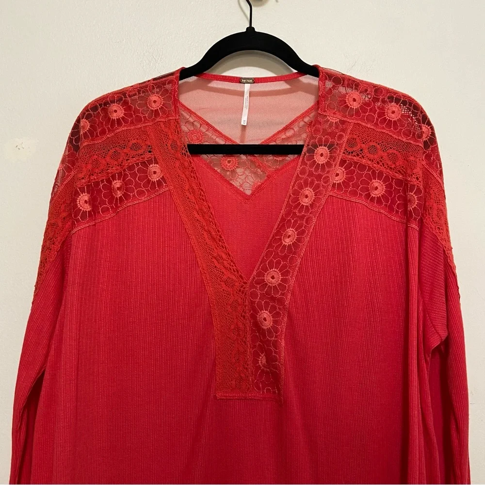 Free People Lola Long Sleeve Orange Lace Trim V-Neck Top